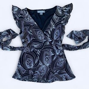 Breechers Brook Womens Y2K Fairycore Black Swirl Wrap Top Ruffle Blouse Small